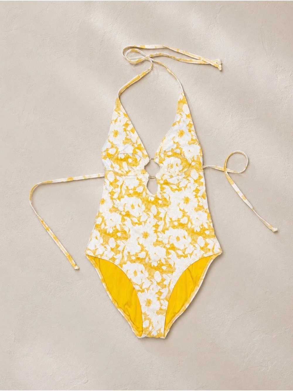 Women’s Yellow Floral Halter One-Piece Swimsuit
